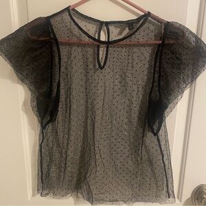 Banana Republic Black Transparent Mesh Lace Trim Ruffle Sleeve Blouse Top Small